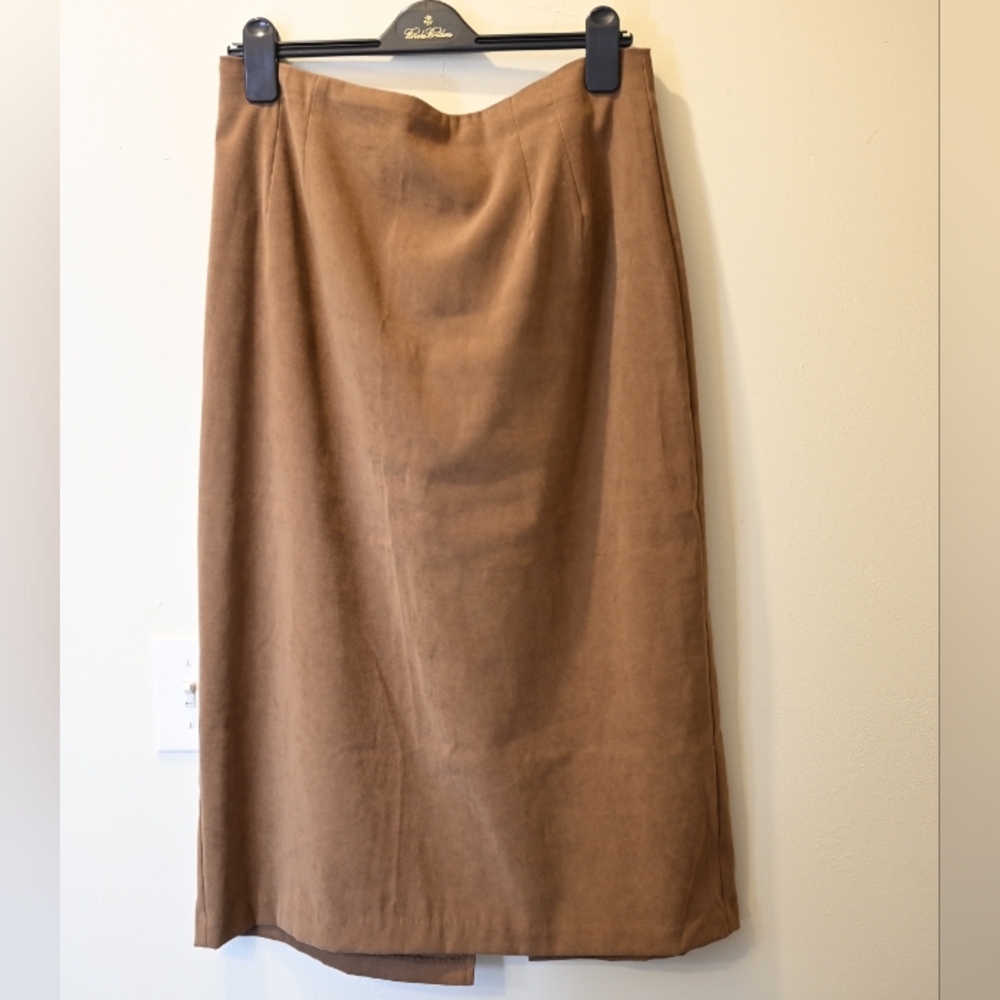 Vintage Brown Tan Faux Suede Moleskin Pencil Column Midi Maxi Skirt 14P CBK